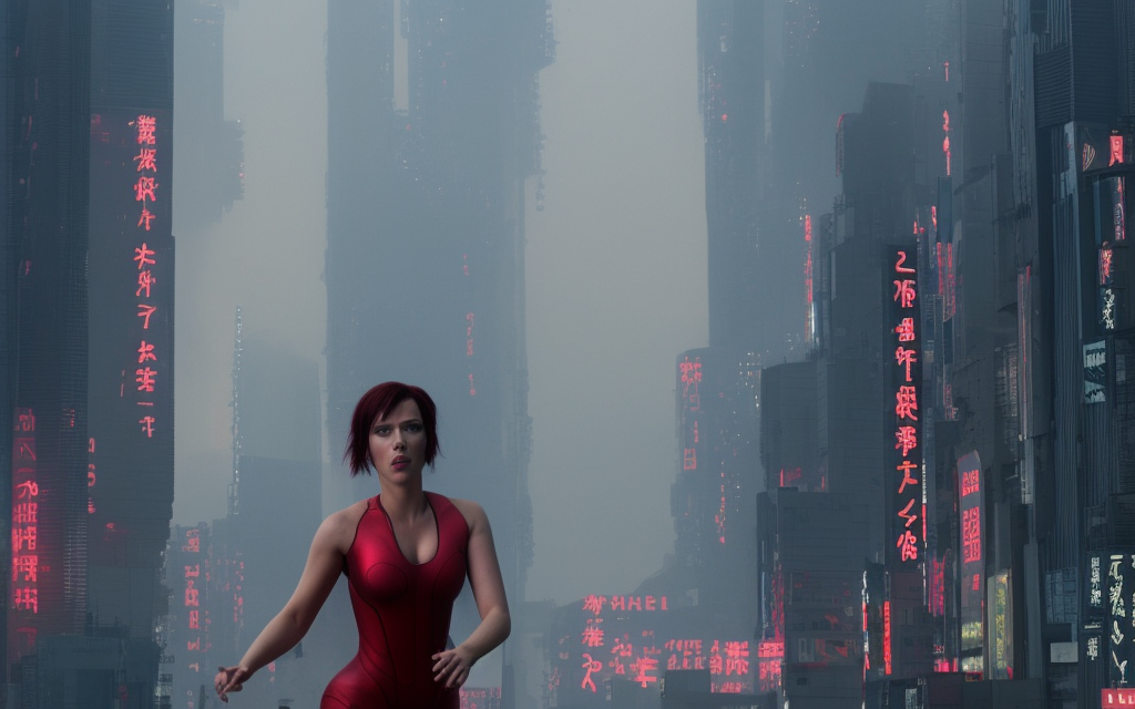 one realistic running scarlett johansson character from ghost in the shell, futuristic tower city on fire, neon japanese billboards

