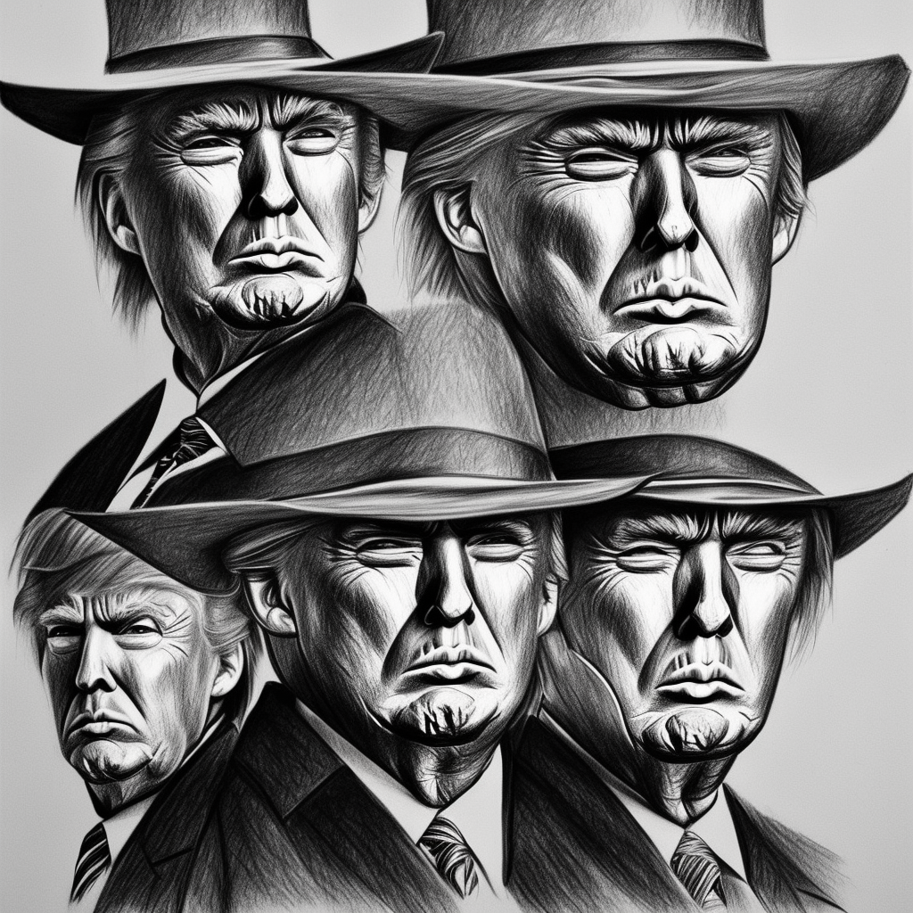 pencil sketch, high quality, hybrid, composition of donald trump and clint eastwood's character "blondy" from good bad and the ugly