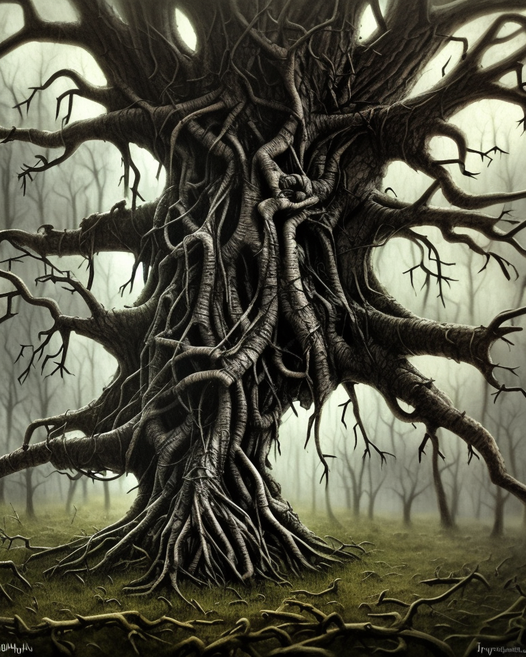 dark medieval, gnarled tree with twig figures hanging from branches, bare roots, hole in the ground, Warhammer fantasy, summer, trees, misty, overcast, Dark, creepy, grim-dark, gritty, Yuri Hill, hyperdetailed, realistic, illustration, high definition, 4K, oil on canvas