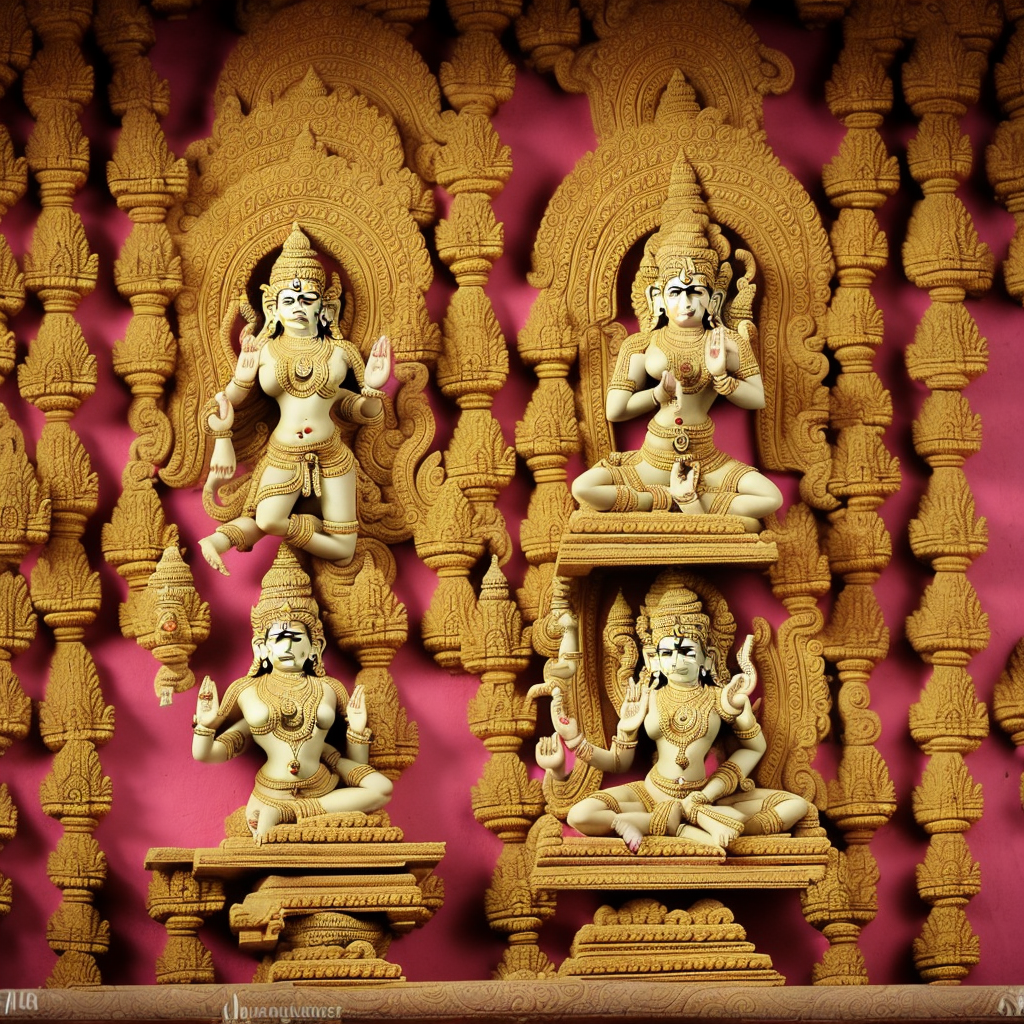 Ancient, Hindu Temple, Ornate Decorations, fresh Flowers, Hindu Goddess Statues, Altar, Natural Lighting, Photo Realistic 