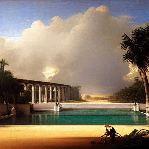 The biggest palace ever made, thunderstorm, greek pool, beach and palm trees on the background major arcana sky, by paul delaroche, hyperrealistic 8k, very detailed