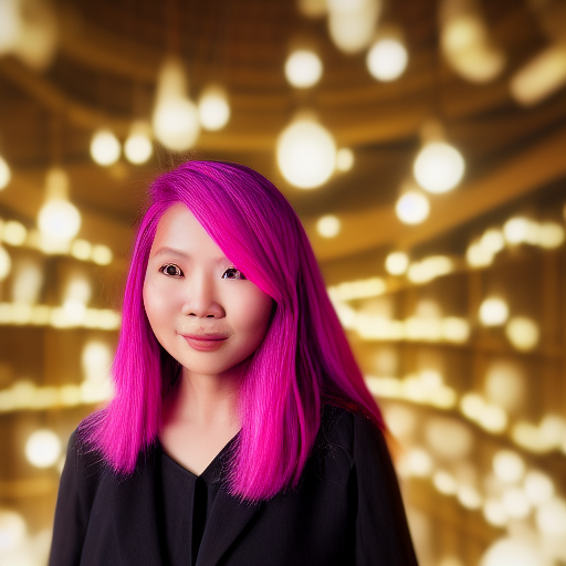 malay woman with pink hair ultra-realistic portrait cinematic lighting 80mm lens, 8k, photography bokeh, oil painting, smiling, a girl in pearl earring style