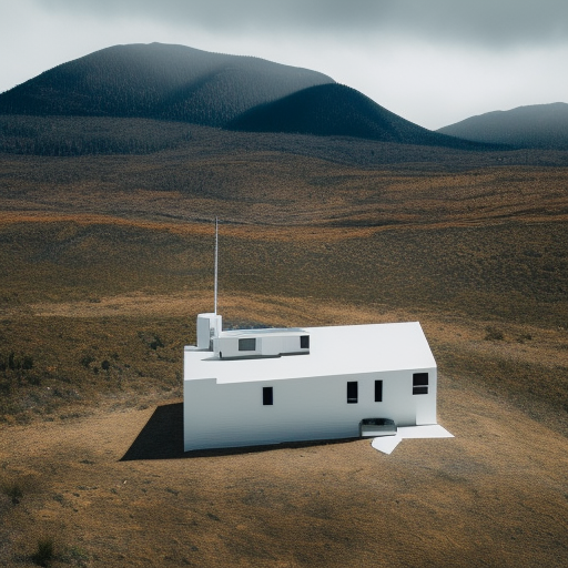 "agnes martin" dramatic "mountain house" photo realistic exterior drone perspective