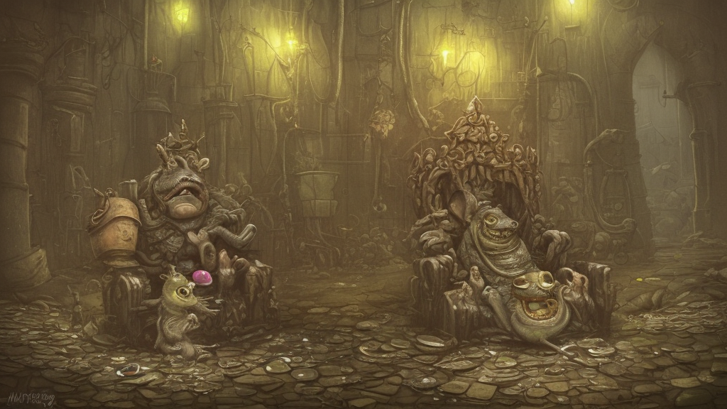 murky sewer scene with a grinning rat king sitting on a throne, surrounded by other rats. trending on artstation, fantasy illustration, realistic, extremely detailed
