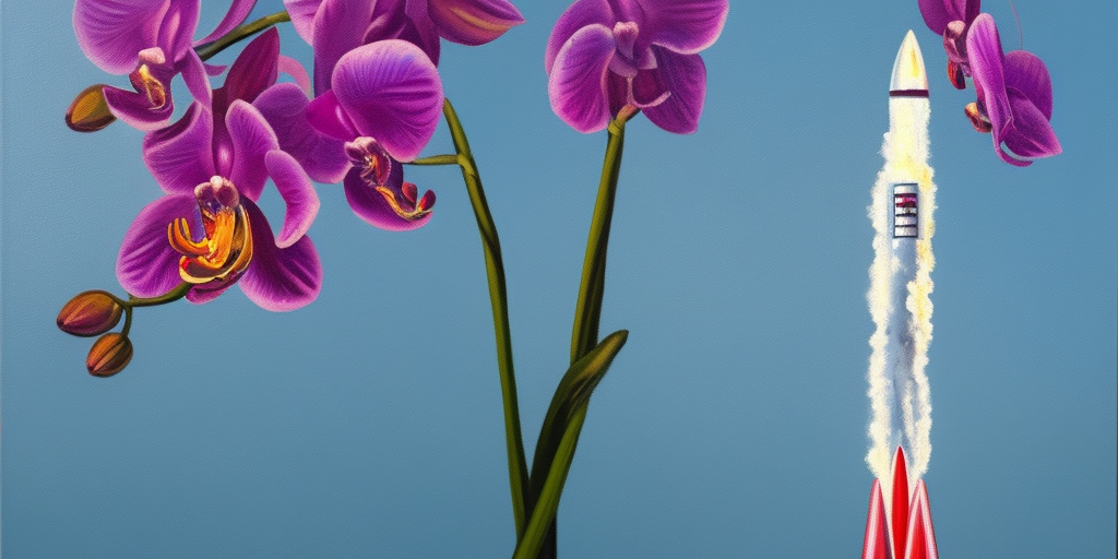 a oil painting of a rocket comes out of an orchid blossom
