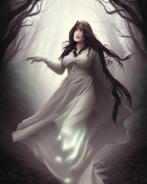 in the style of artgerm, thomas kinkade, female ghost, flowing dress, symmetrical face, symmetrical eyes, in the woods, moody lighting, dark fantasy