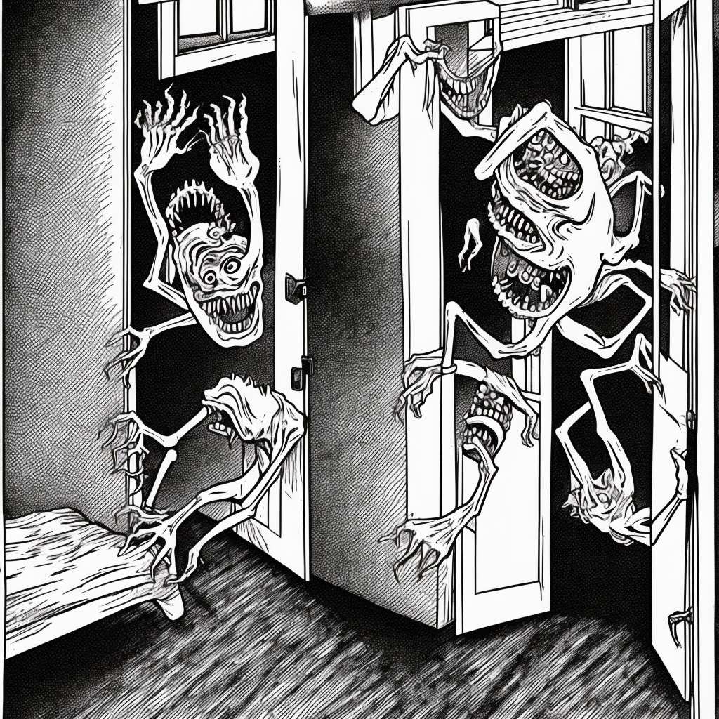 the devil crawling into a bedroom through the window, in the style of junji ito