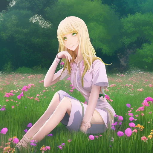 beautiful anime transgender blonde girl sitting in a field full of flowers, highly detailed, realistic, dynamic lighting, cinematic, masterpiece, trending on artstation,-W 768