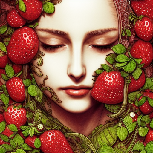 the portrait of an absurdly beautiful, graceful, elegant, sensual woman made of strawberries and green petals, an ultrafine hyperdetailed illustration by kim jung gi, irakli nadar, intricate linework, bright colors, octopath traveler, final fantasy, angular, unreal engine 5 highly rendered, global illumination, radiant light, detailed and intricate environment