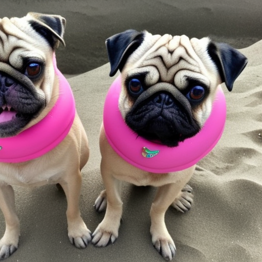 Two cute female pugs wearing pink collars at the beach