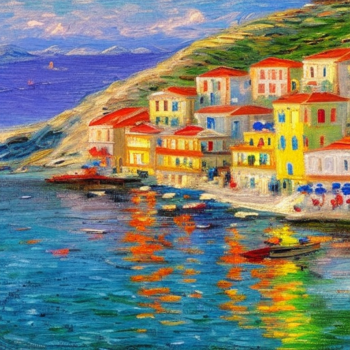 an impressionist painting of a seaside Aegean village in Turkey