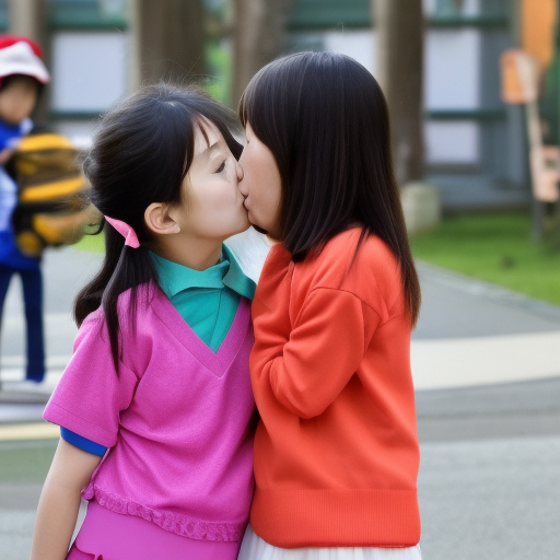 two elementary school japanese girl kissing 
