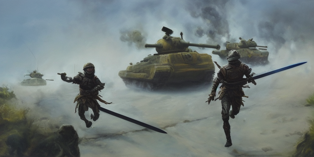 a oil painting of Reopening Run Run As long as possible A little longer Then stop for a moment, bend back and take a breath! Swear: stupid tank, stupid sword, stupid war culture – all the crap that forces me to run around fully armored. 