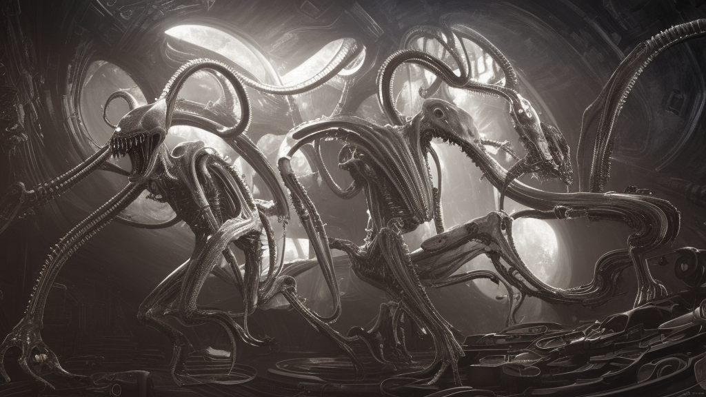 mickey mouse xenomorph chimera lurkin in dark room, designed by h. r. giger, highly intricate detailed 8 k ultrarealistic octane render by artgerm and rutkowski and mucha