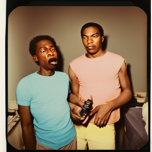 A vintage color Polaroid photograph of two African American men smoking in a cheap apartment by Andy Warhol. Published in Paris Review. Photorealistic