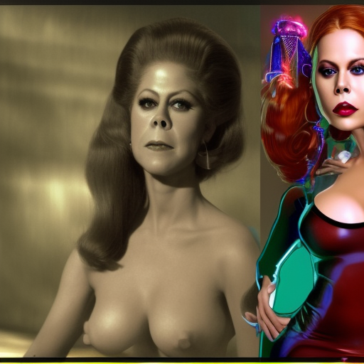 Hyper realistic elizabeth montgomery as a sorceress in a very tight latex outfit by WLOP 4K symmetrical wide shot, character concept depicted in bust line, very large chest, looking fierce on camera, character concept art, two arms visible, pretty face , rendered in Octane, trends in artstation, cgsociety, highly detailed 4K post-processing, Piotr Jablonski, Craig Mullins, dynamic cinematic lighting rendered by the Octane engine, symmetrical 8K characters.
