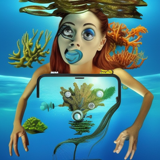 A surreal underwater world in the style of Salvador Dali, where all the sea creatures are actually different tech gadgets like iPhones, laptops, and smartwatches, floating amongst the seaweed and coral