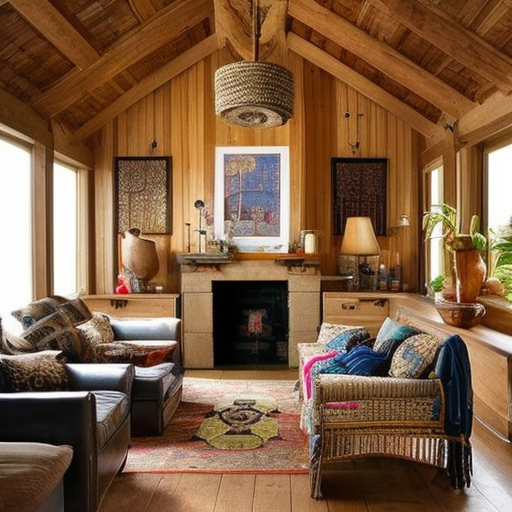 Boho style living room with large fireplace
