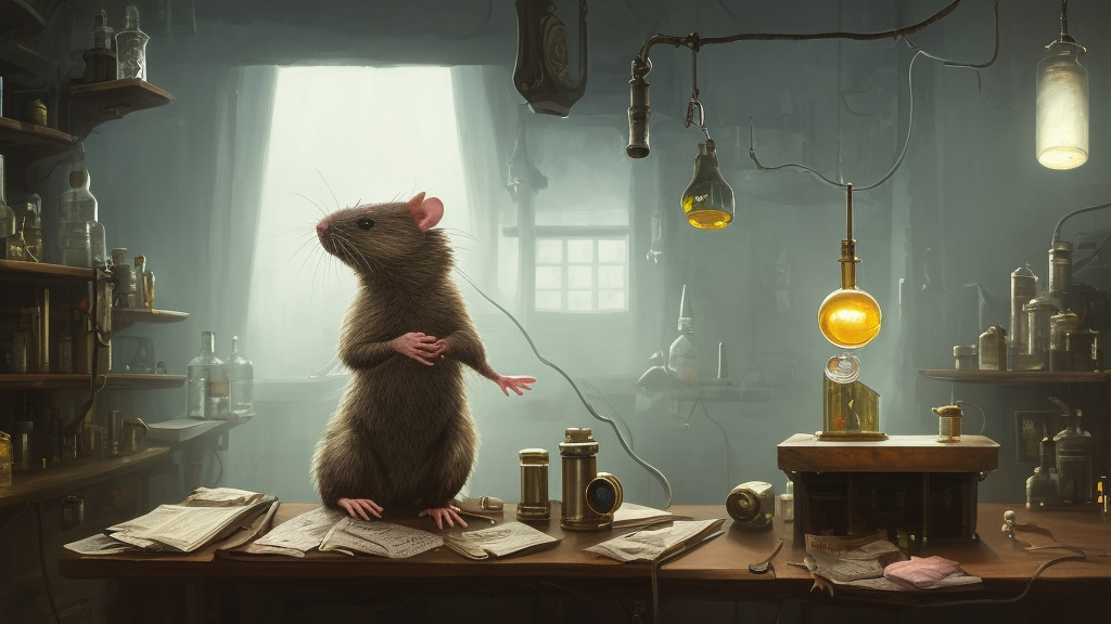 highly realistic intricate rat standing on a desk in a laboratory with lots of flasks filled with magic liquids and poisonous fog, stephen bliss, unreal engine, fantasy art by greg rutkowski, loish, rhads, ferdinand knab, ilya kuvshinov, rossdraws, tom bagshaw, global illumination, radiant soft light, detailed and intricate environment