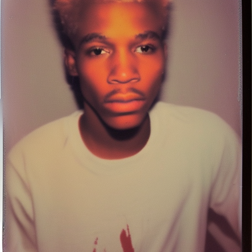 Cheap polaroid of African American male with blonde hair smoking weed in cheap apartment by Andy Warhol. Photorealistic. Film grain. Full color