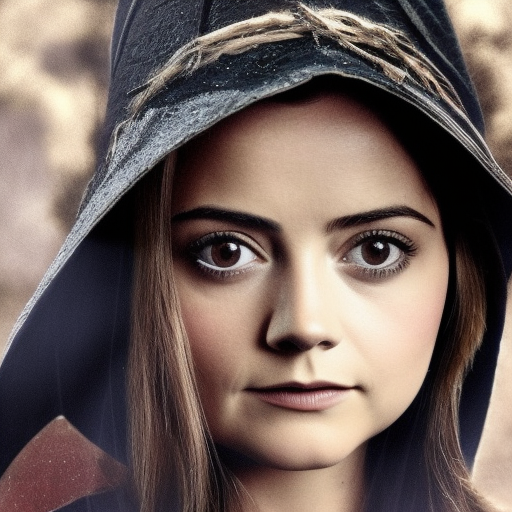 Jenna Coleman as a beautiful young witch with big dark eyes in the world of harry potter photograph photorealistic