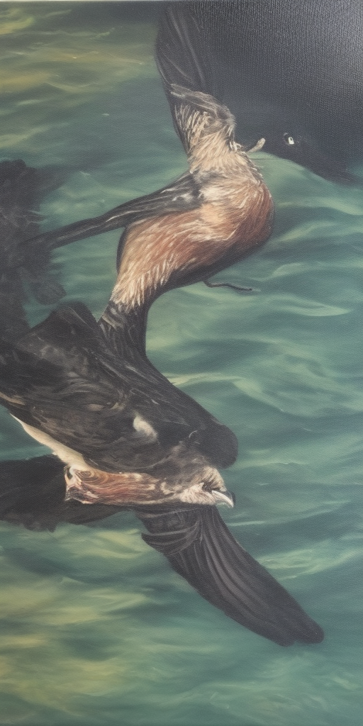 a oil painting of A bird's corpse under water