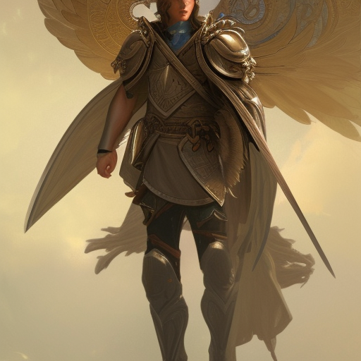 Portrait of a floating winged aasimar paladin blond young man with amber eyes strong, sofisticated, fantasy, highly detailed, digital painting, artstation, concept art, character art, art by greg rutkowski and tyler jacobson and alphonse mucha