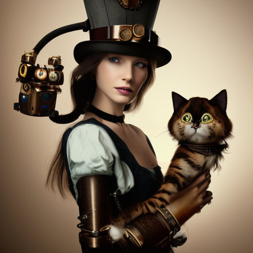 a portrait of a beautiful steampunk woman and her cute robot cat, long hair, aged 2 5, slovenian, wearing a travel hat, photo realistic, real life, octane render, trending on artstation by mario testino