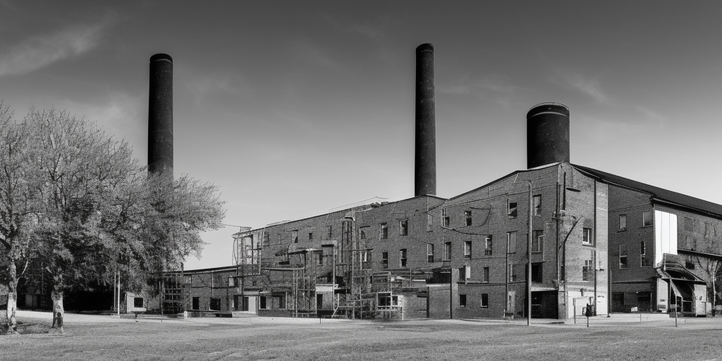 A black and white of a factory in Wuppertal, a very close-up shot. It is a clear and bright day. In the center of the image, a brick chimney stands tall, dominating the top half of the picture. In the background, behind the industrial building, there is a tree. Everything else is hidden in deep shadow except for the chimney. The chimney, as the tallest object, rises stretches towards the light of the sun, as if it were a tree turning towards its source of food. The tree, which is just a tree, is only a dark outline in comparison. Would it be too deep to say that here, the capitalist human work rises above natural creativity, showing its strength and pride without realizing that its downfall is already inherent in this outstanding pride? Or is a chimney sometimes just a chimney?