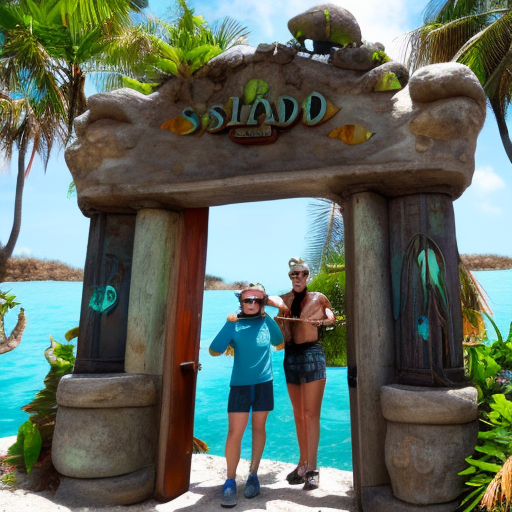 Explorers in the front of gate of the lost island Atlantis, underwater 8k