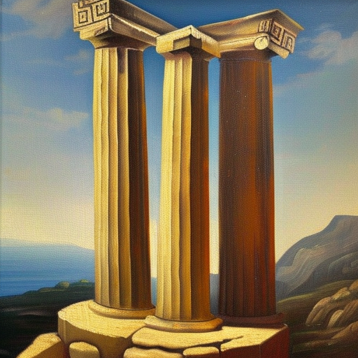 frontal view of an ancient greek column standing alone on a cliff oil painting on canvas