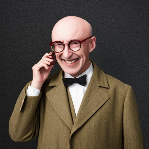 sixty-year-old scientist, bald, long gray sideburns, steamed-up glasses, evil grin, color photo portrait, suit with yellow trench coat, no mustache late 19th century, top hat oil painting on canvas ultra-realistic portrait cinematic lighting 80mm lens, 8k, photography bokeh