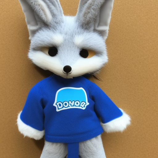 fennec mascot with a blue outfit, he holds a package 