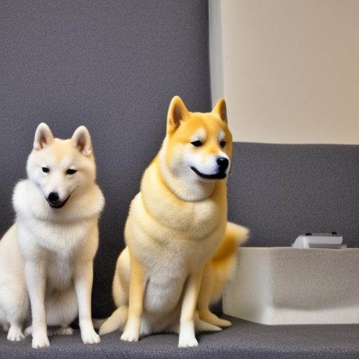 a pure white call duck sitting with a yellow shiba inu