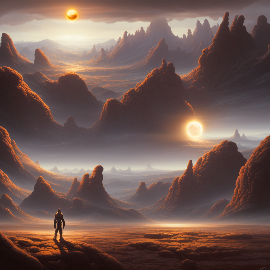 a beautiful highly detailed matte painting with a character looking at an alien planet with giant floating orb in the center in a desolate valley by Jose Daniel Cabrera Pena and Leonid Kozienko, Noah Bradley concept art oil painting on canvas