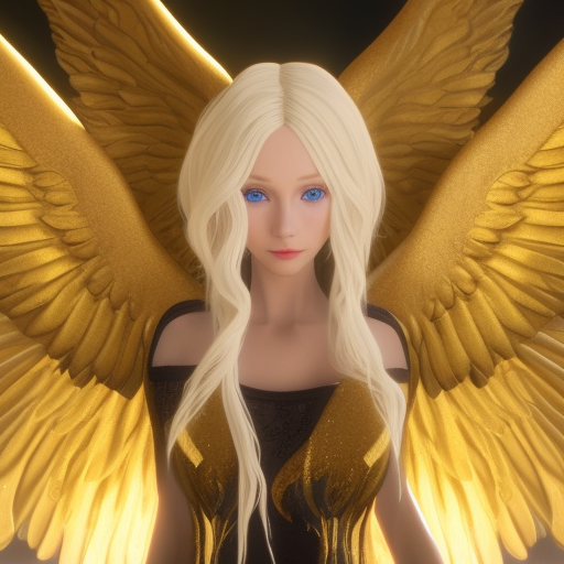 Sexy blonde and pale angel with enormous golden wings with blue eyes and long hair holding a bright star on her hand, unreal engine 5, highly detailed