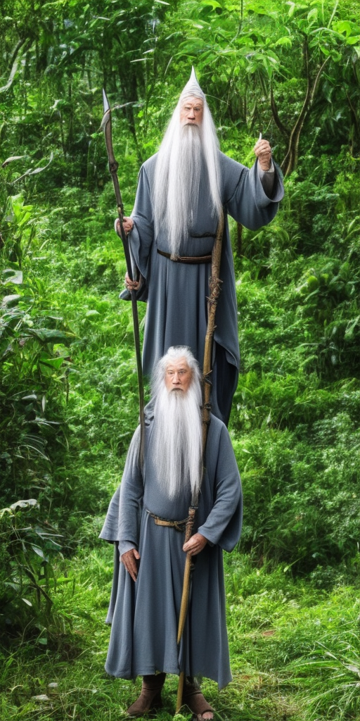 Gandalf wearing dark green standing on a wale in jungle