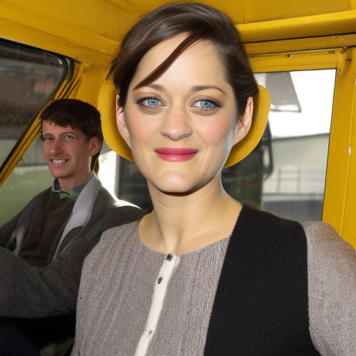 Marion Cotillard driving a school bus in the night