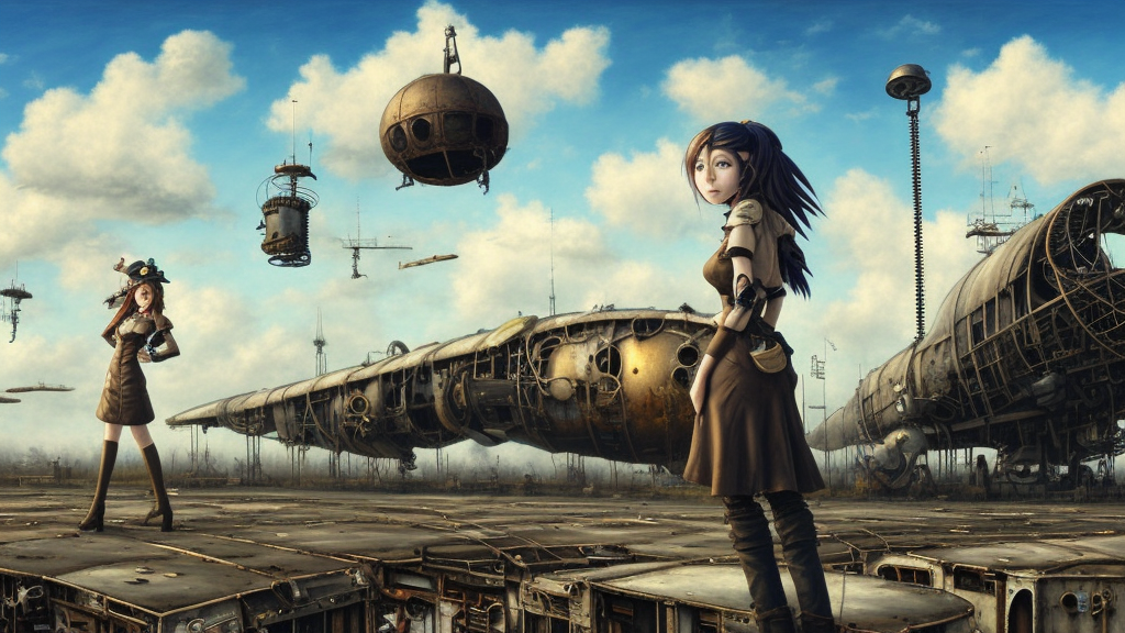 a hyperrealistic painting of a beautiful female steampunk pilot, standing at a derelict airship docking station, blue skies, fluffy clouds, by john kenn mortensen, highly detailed,