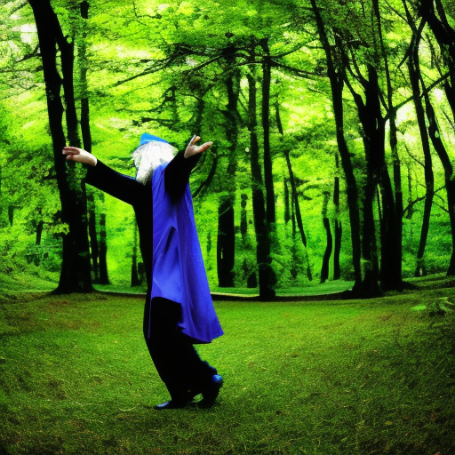a funky wizard dancing in a green glade