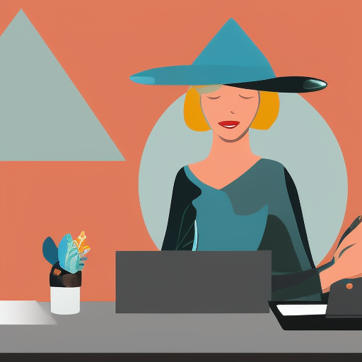 A woman with a hat, a desk with a computer, background a majectic mountain, fairy tale