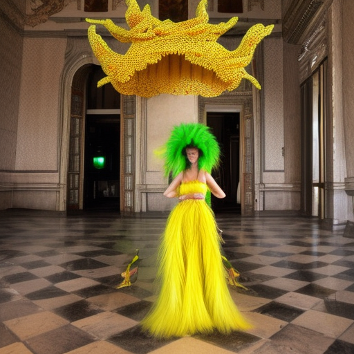 alien empress. with large headdress, in a royal palace. cosmo in background. long yellow Dress. Green body skin. cyberpunk, old photo, soft light