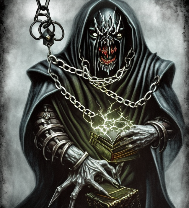dark sorcerer of Belakor holding book, chains, big black nails in flesh, using shadow magic, Warhammer fantasy, creepy, grim-dark, gritty, realistic, illustration, high definition
