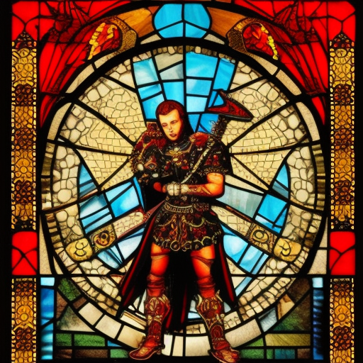 dark medieval, young evil satanic gladiator holding sword, Warhammer fantasy, intricate stained glass, black and red, gold and blue, grim-dark, detailed, gritty