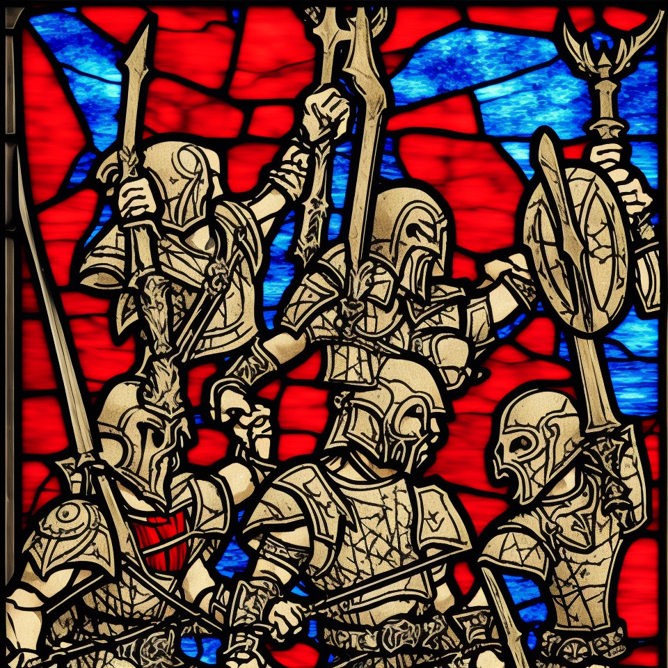 dark medieval, duel of two gladiators, Warhammer fantasy, stained glass, black and red, gold and blue, grim-dark, gritty