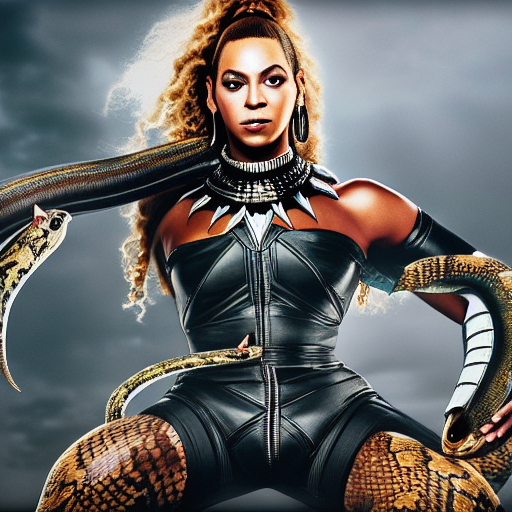 Beyonce as Black Panther tackling a snake. ultra-realistic portrait cinematic lighting 80mm lens, 8k, photography bokeh oil painting on canvas