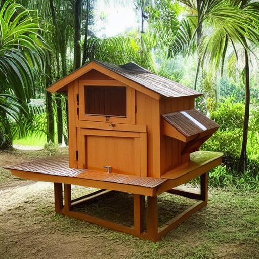 beautiful chicken coop, modern, made of natural palm wood, surrounded by lush forest, realistic