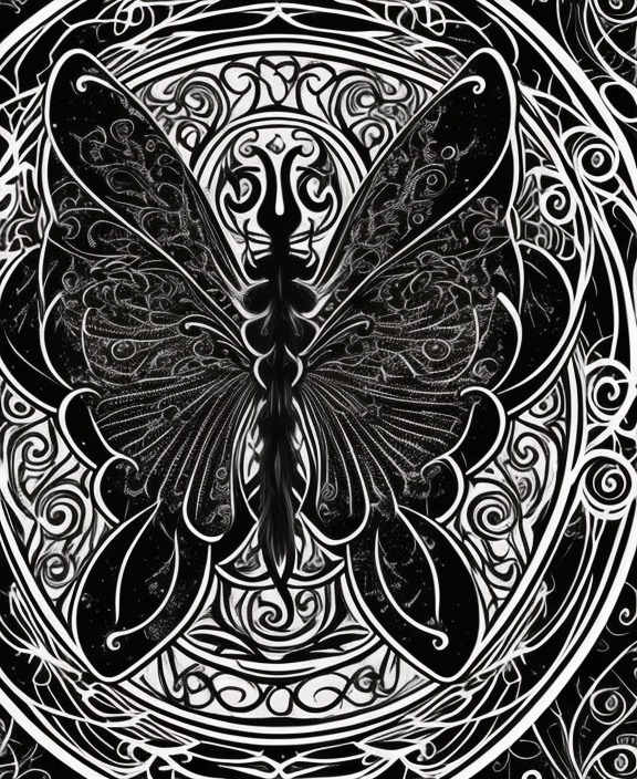 The Mystic: This design portrays a butterfly with ethereal wings, surrounded by swirling patterns and intricate gothic details. The butterfly hovers above an old-style axe, which adds a touch of danger to the design. This design is perfect for fans of dark fantasy and spiritual symbolism,  tshirt design, vector graphics, detail design, contour, white background, --ar 3:2