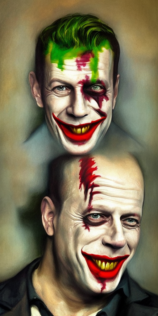 a classicalism painting of bruce willis as the joker%>