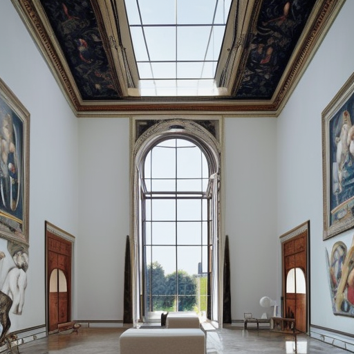 giant Italian modern castle living room, clean minimalist design, that is 1300 feet tall, with very tall giant walls filled with modern art paintings, doors that are cosmic portals, giant modern stainless steel sculpture by Ken Kelleher, photo by Annie Leibovitz
